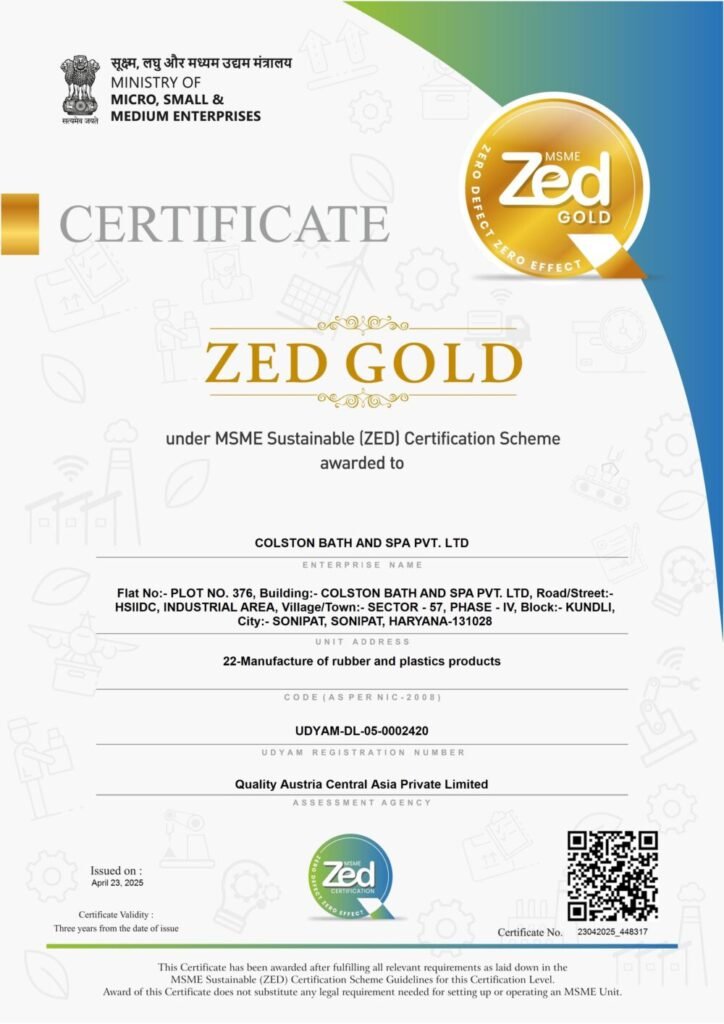 Colston Global Excellence Gold Award in Wellness Spa Manufacturing